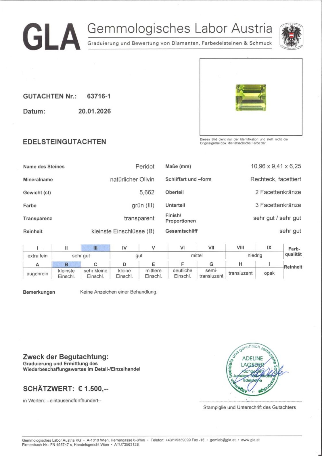 Gutachten zu Peridot Rechteck intensives Grün 5,66 ct.