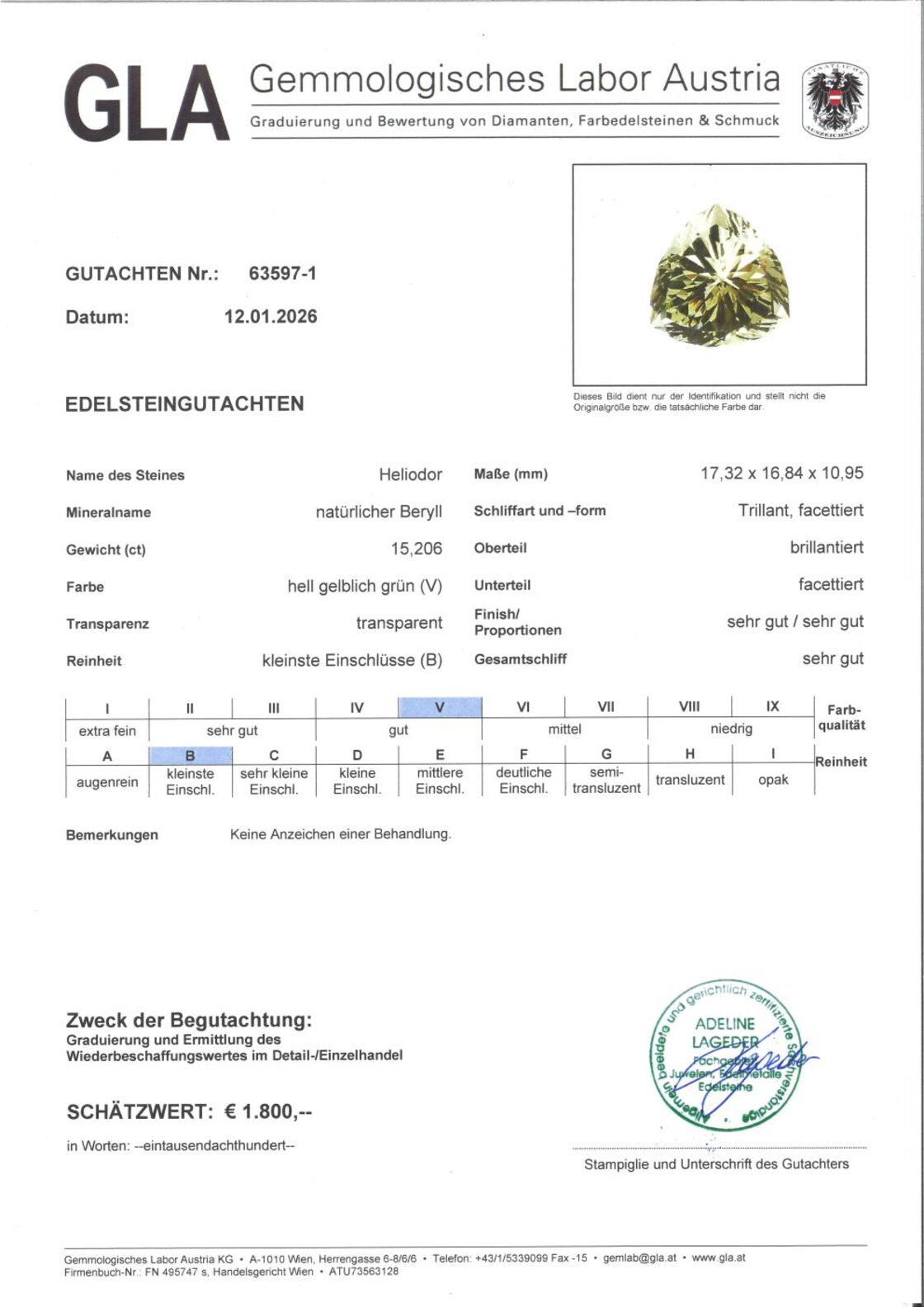 Gutachten zu Heliodor Beryll Trillion helles Gelbgrün 15,20 ct.