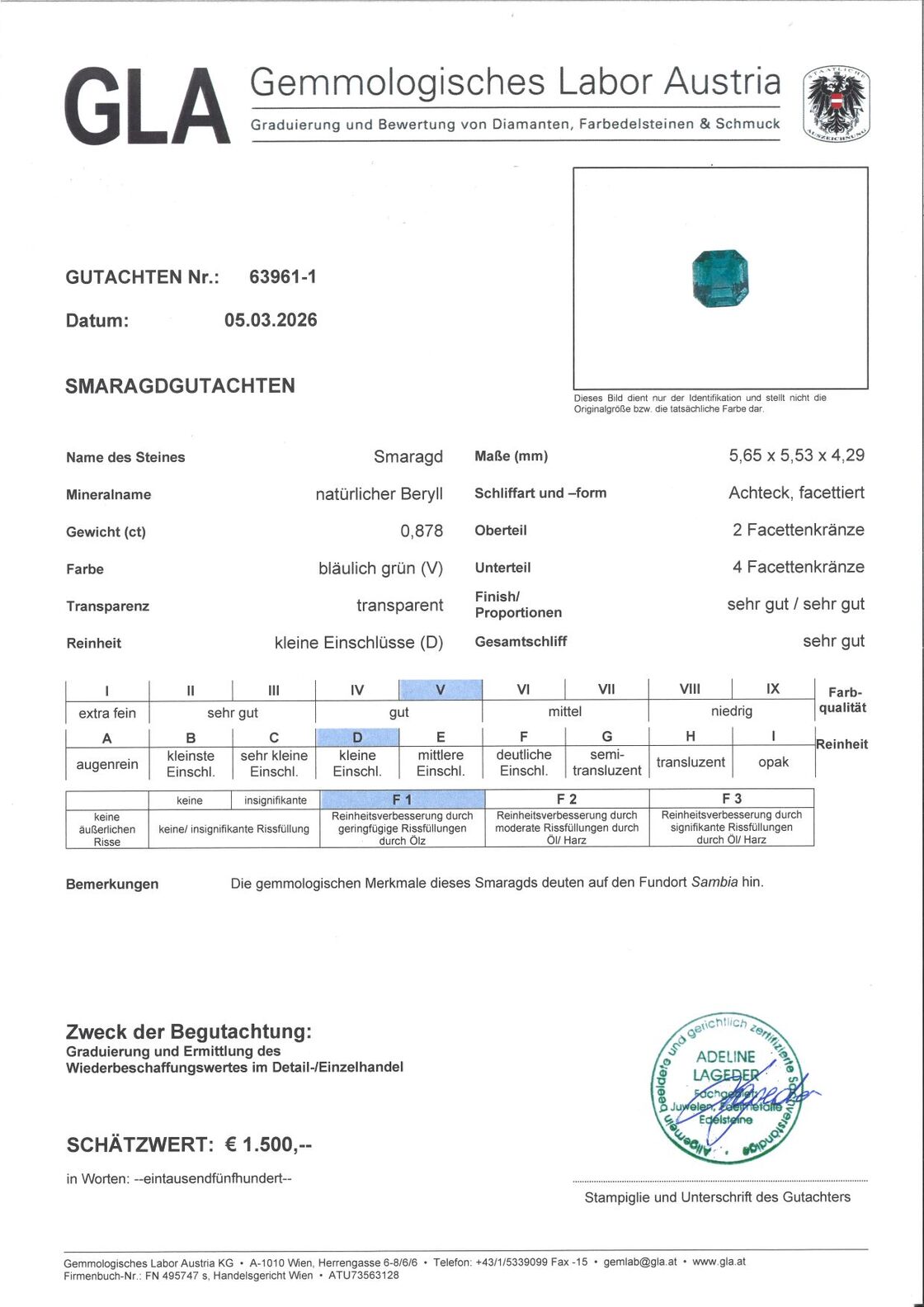 Gutachten zu Emerald octagon green 0.87 ct.