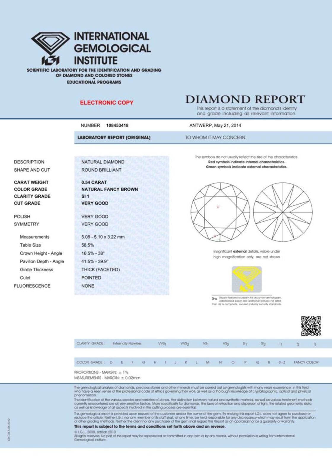 Gutachten zu fancy diamond round brilliant bräunlich-champagne 0.54 ct
