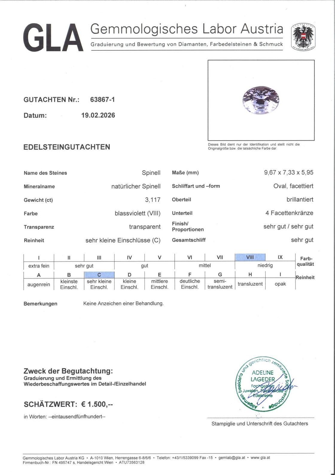 Gutachten zu Spinel oval grayish lilac untreated 3.11 ct