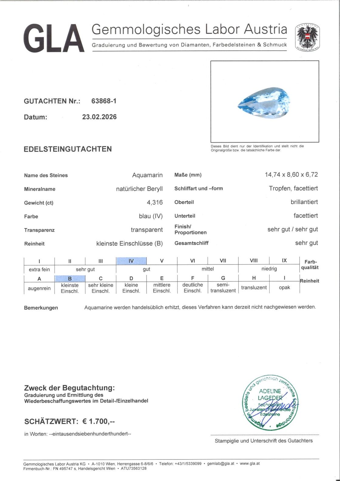 Gutachten zu Aquamarin Tropfen hellblau 4,31 ct.