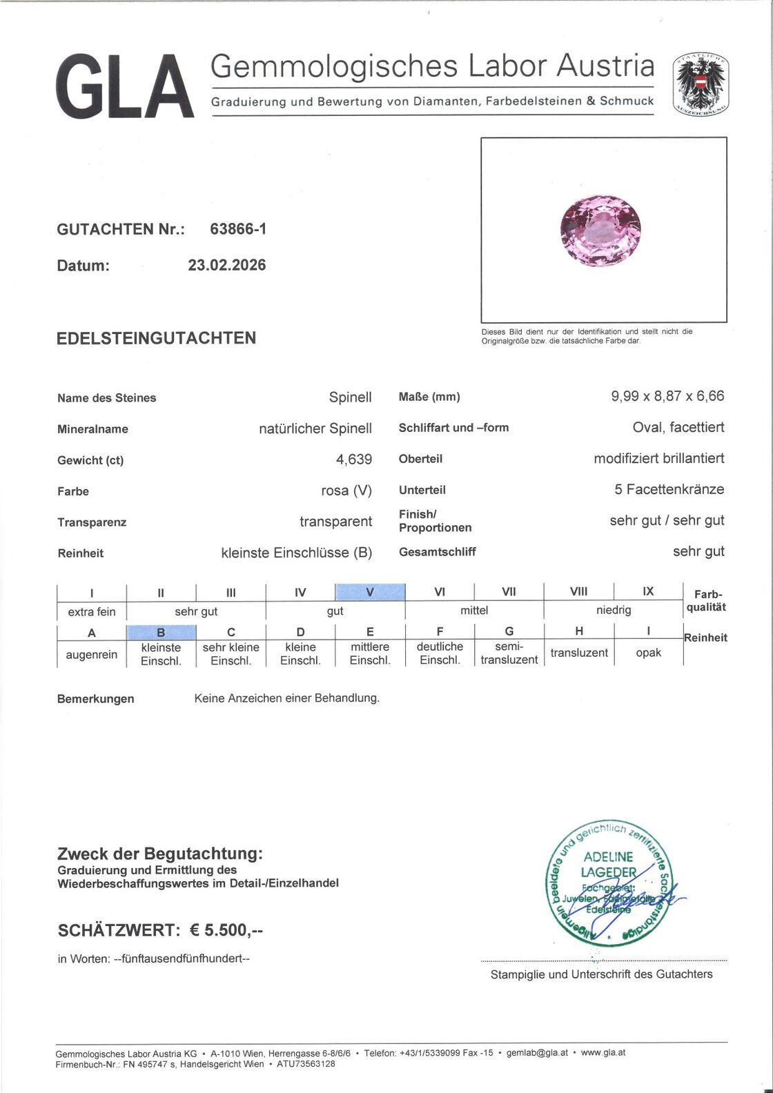 Gutachten zu Spinel oval pink untreated 4.63 ct.