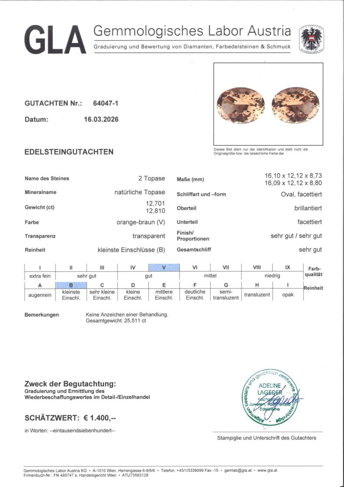 Gutachten zu Topas Duo oval bräunlich 25,51 ct.