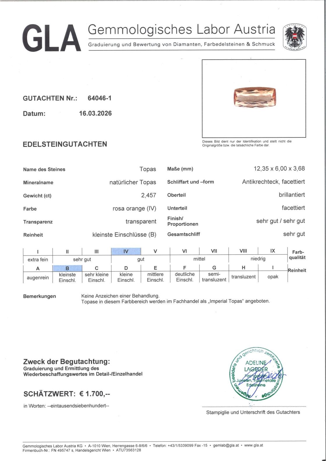 Gutachten zu Imperial-Topas cushion pinkish orange 2.45 ct