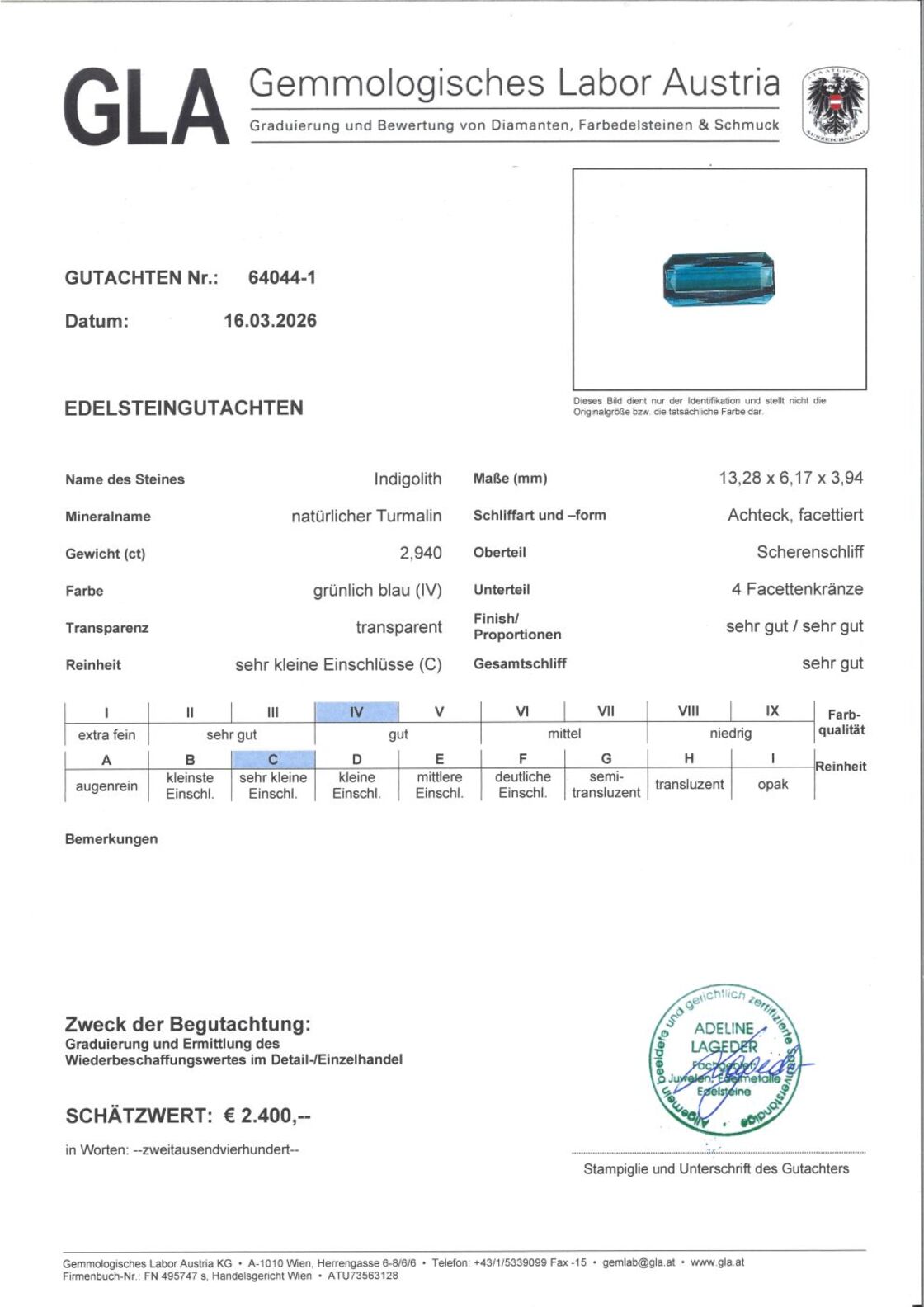 Gutachten zu Indicolite Tourmaline octagon greenish blue untreated 2.94 ct