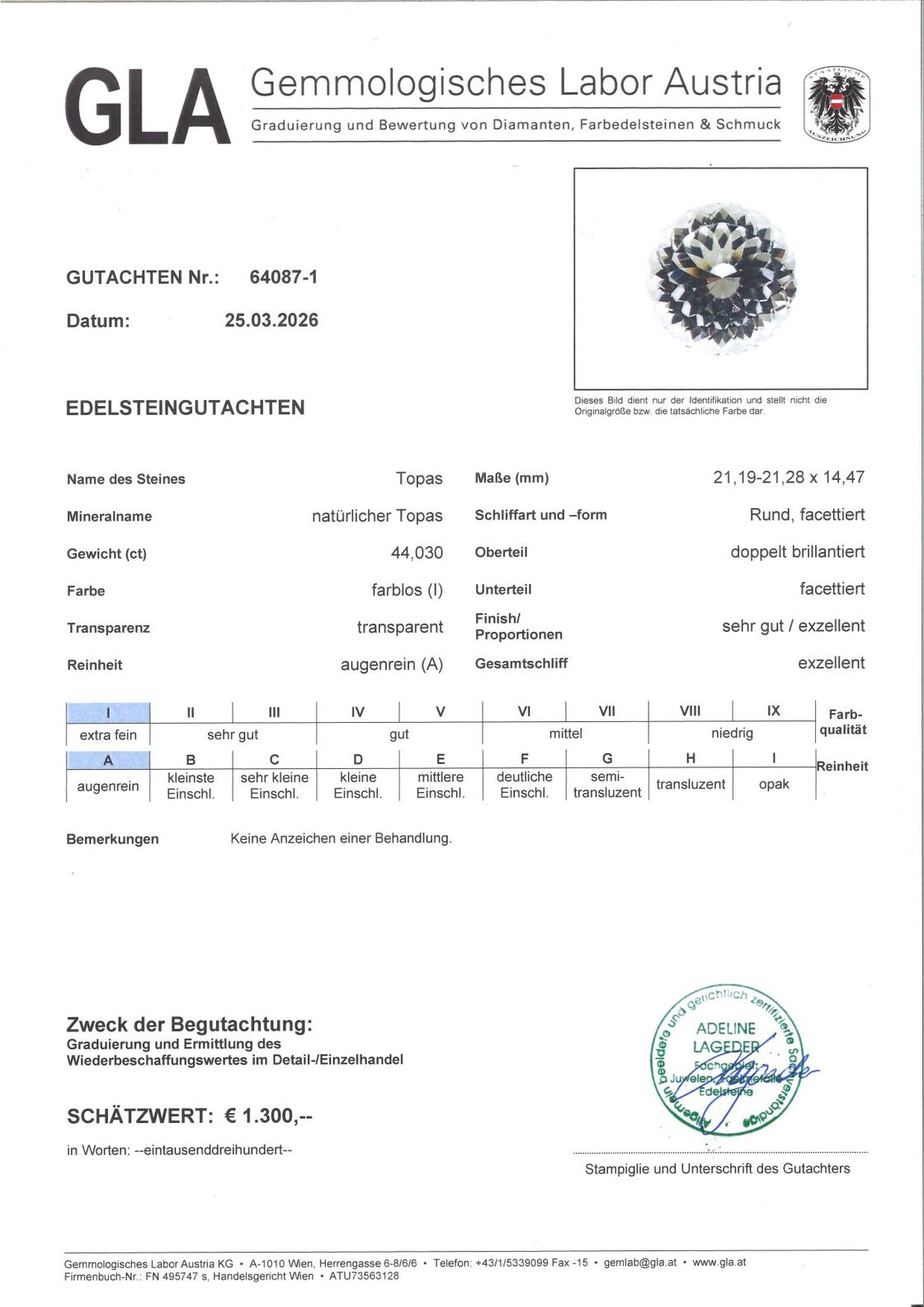 Gutachten zu Topas rund farblos unbehandelt 44,03 ct