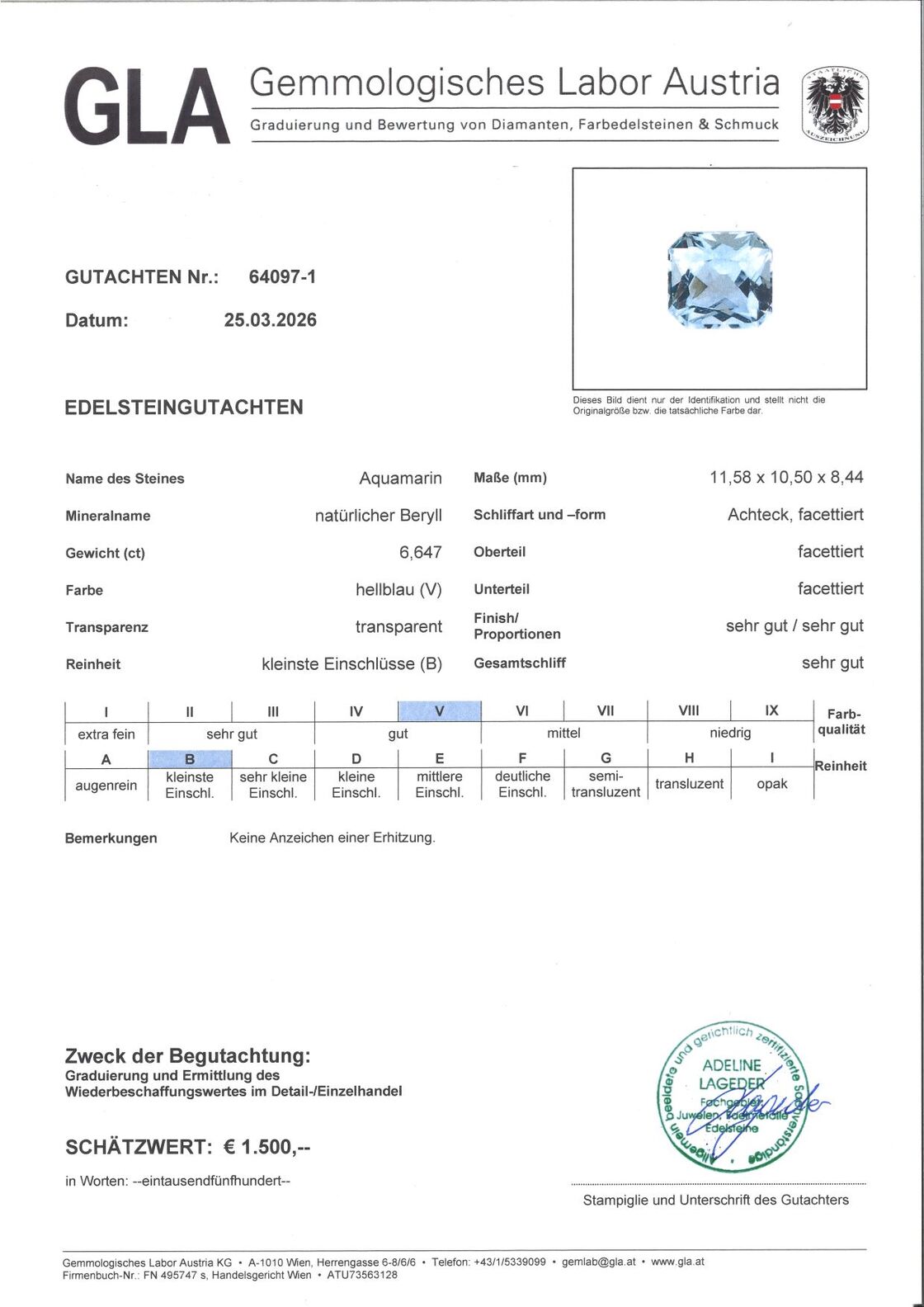 Gutachten zu Aquamarin octagon hellblau unbehandelt 6,64 ct