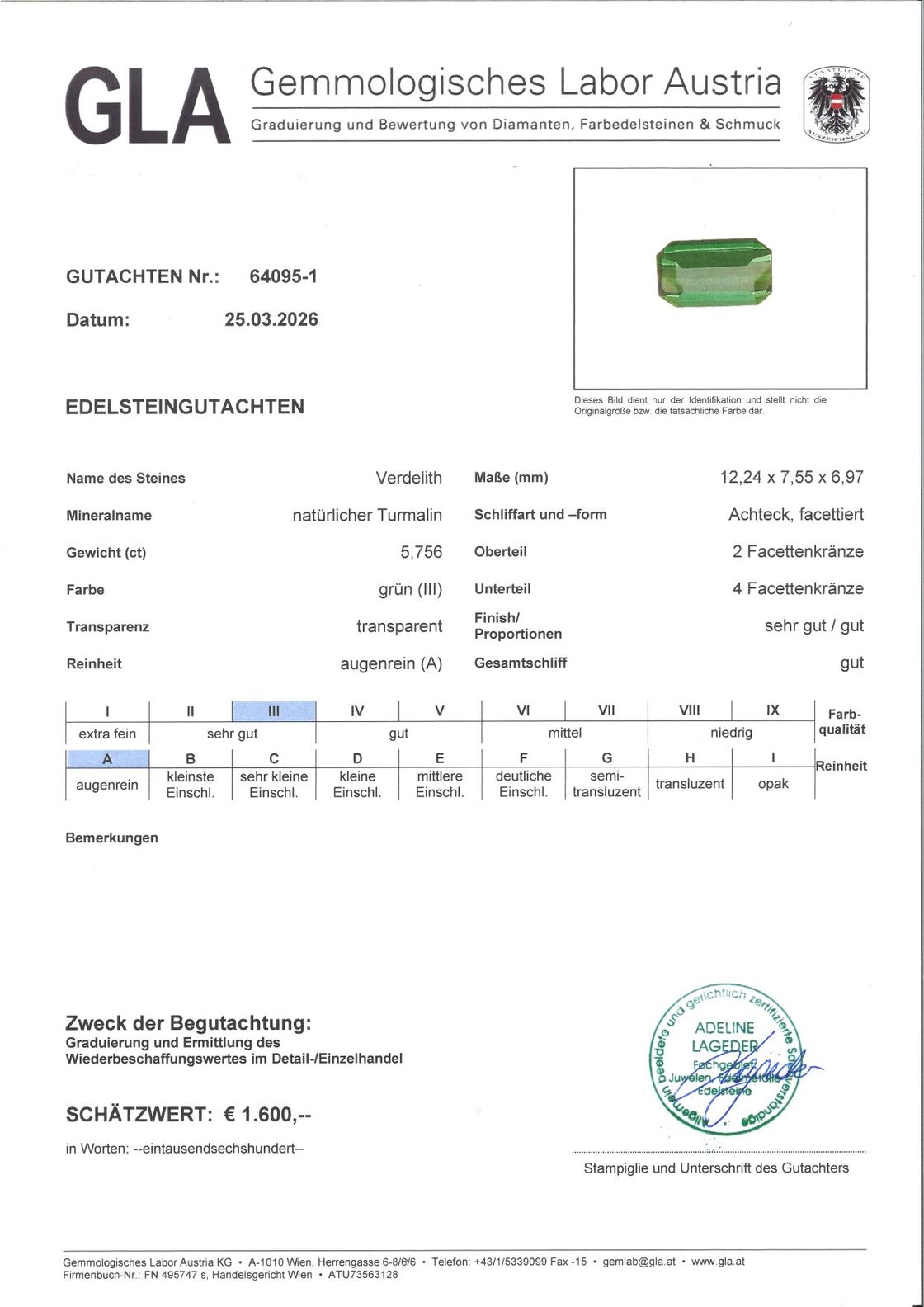Gutachten zu Green Tourmaline Tourmaline octagon green 5.75 ct.