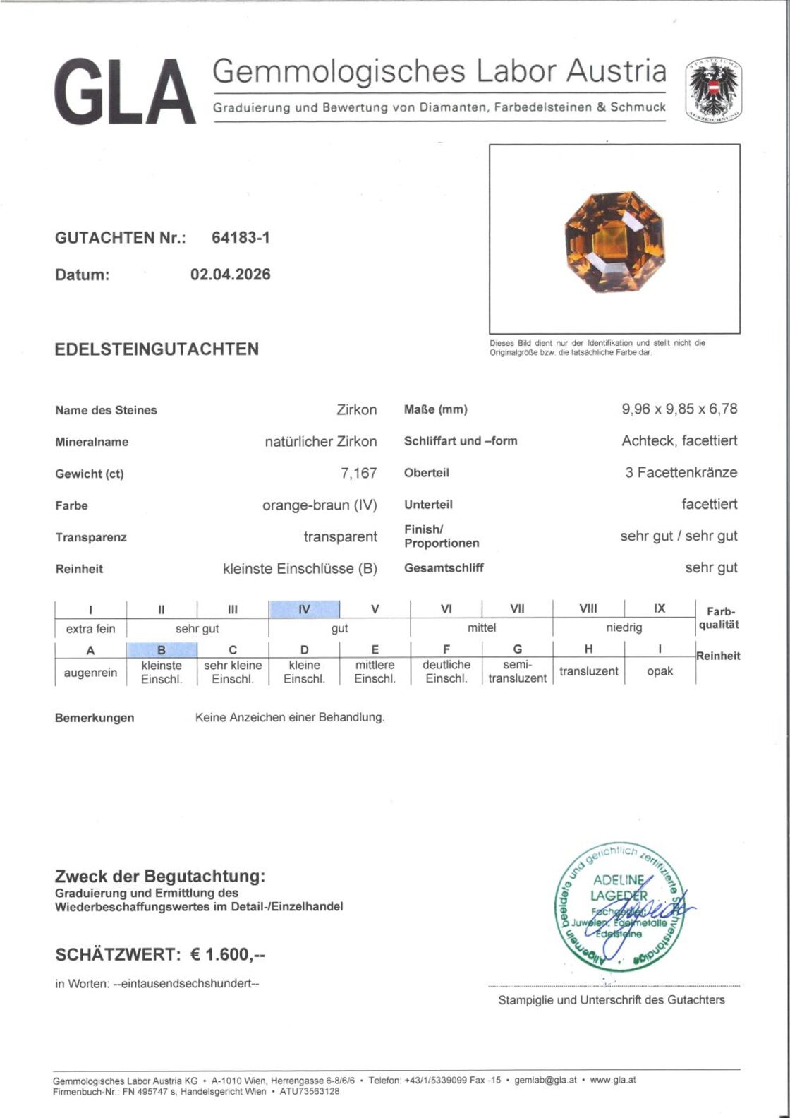 Gutachten zu Zircon design-octagon dark orange 7.16 ct