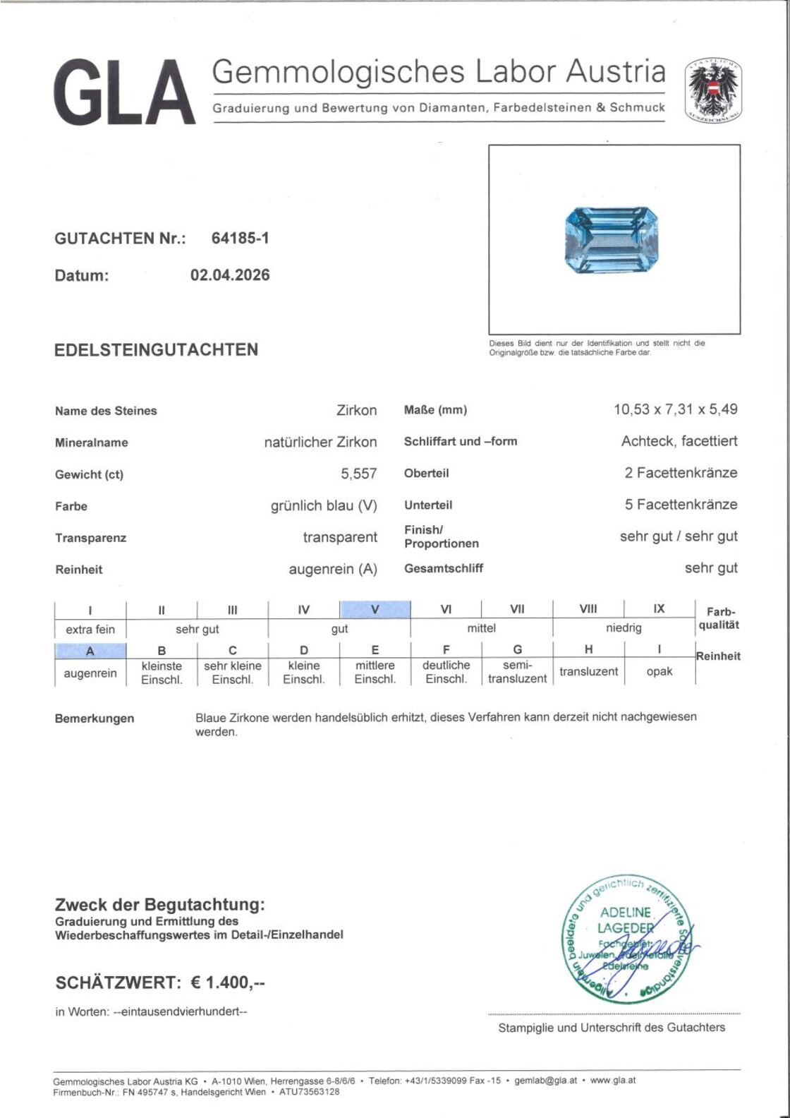 Gutachten zu Zircon octagon blue 5.55 ct