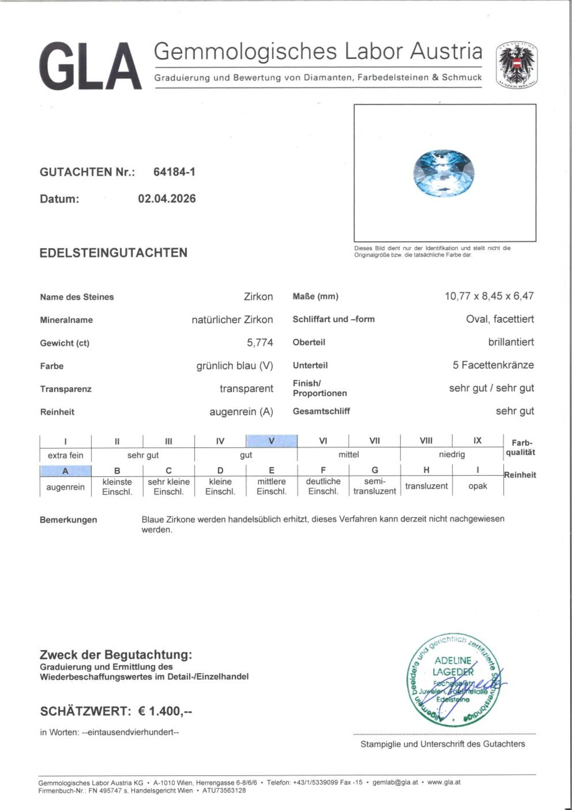 Gutachten zu Zircon oval blue 5.77  ct.