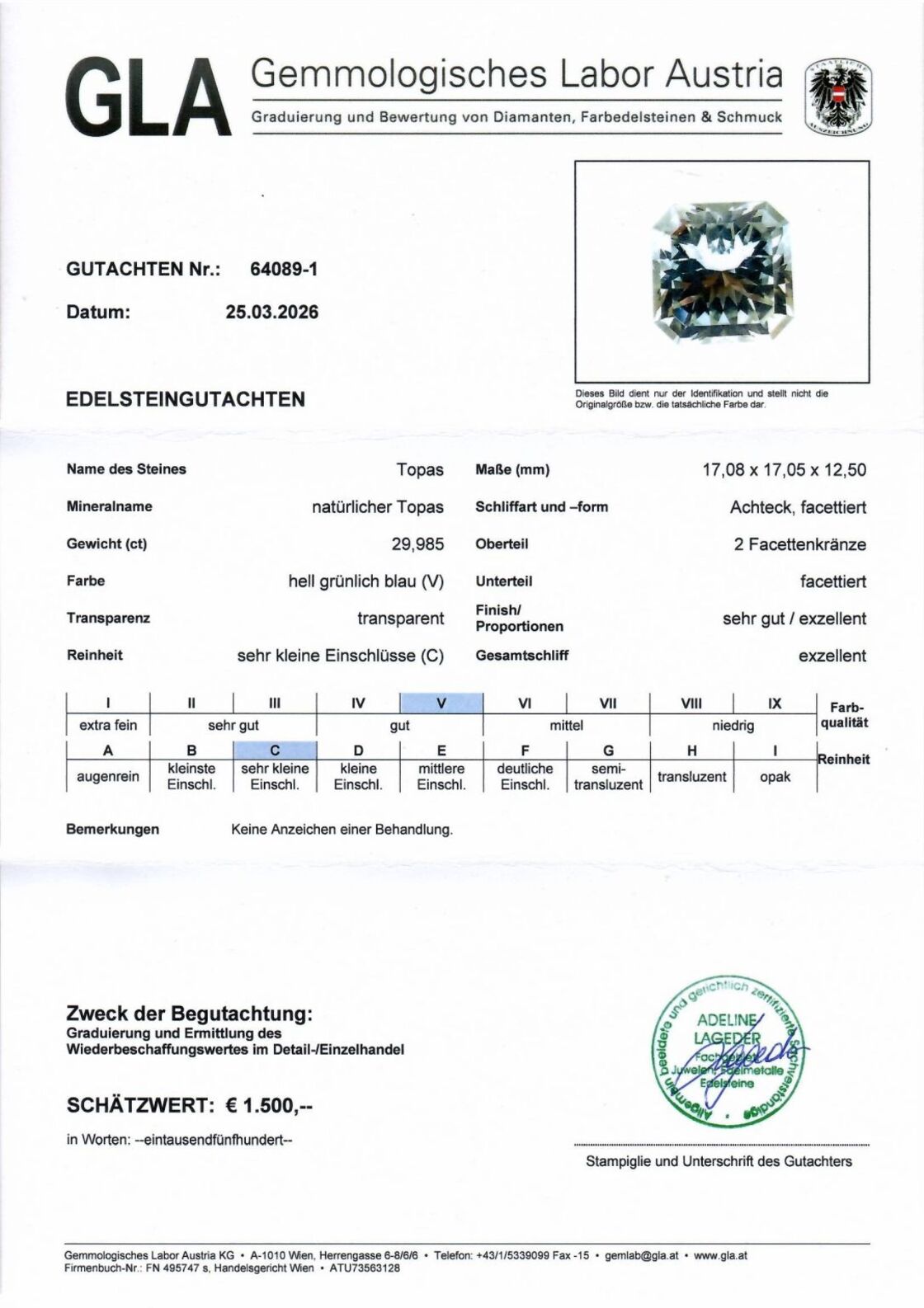 Gutachten zu Topas Design-Achteck hellblau unbehandelt 29,98 ct.