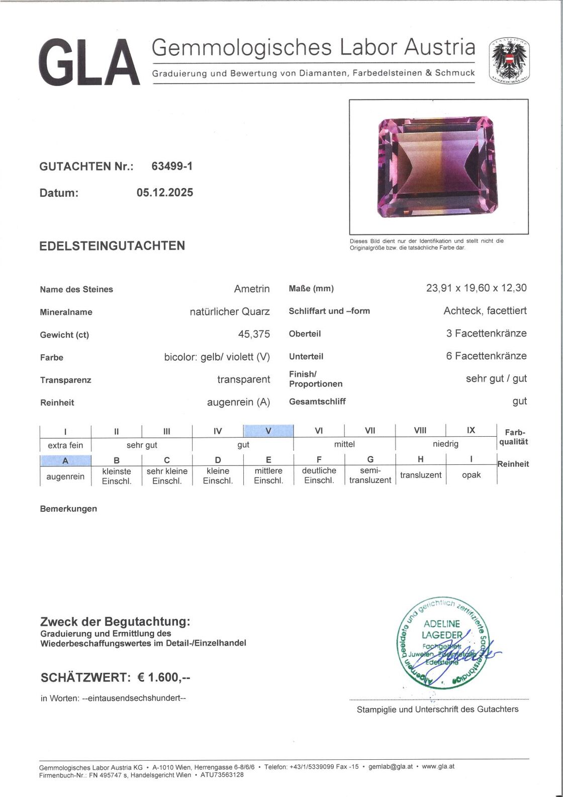 Gutachten zu Ametrin octagon violett+gelb 45,37 ct.