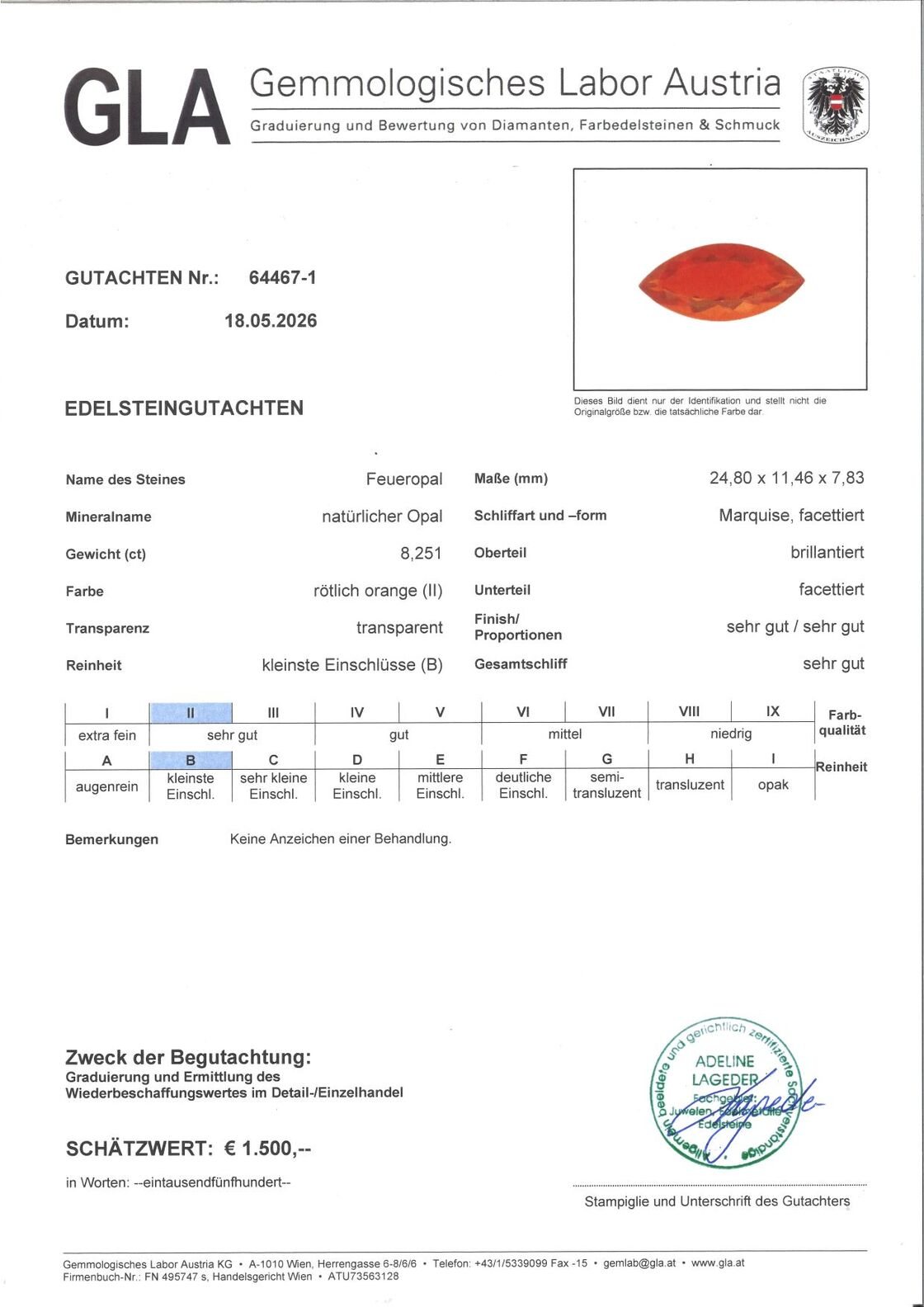 Gutachten zu Feueropal Navette orangerot 8,25 ct.