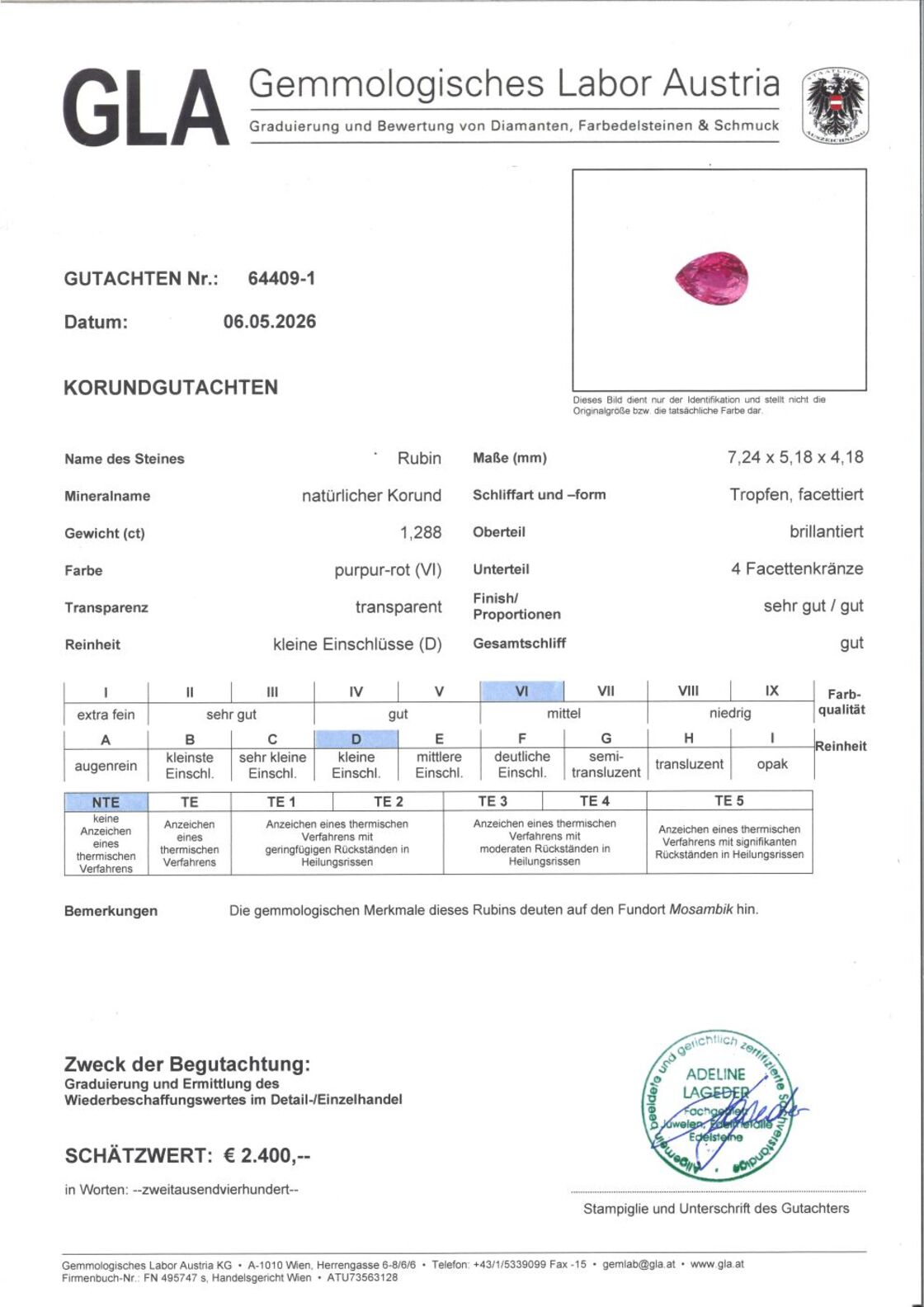 Gutachten zu Rubin Tropfen purpurrot unbehandelt 1,28 ct.