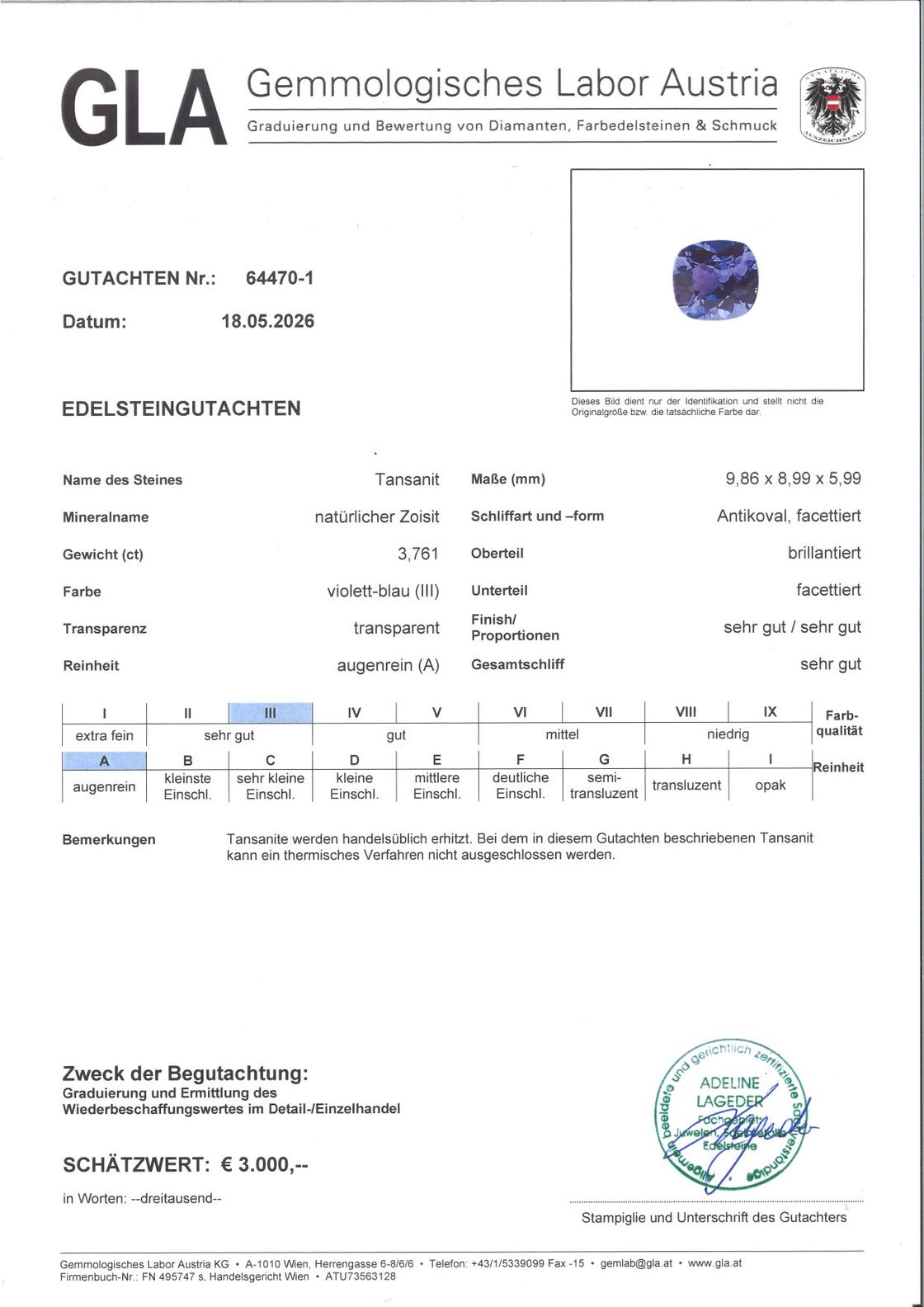 Gutachten zu Tansanit antik intensives Violettblau 3,76 ct.