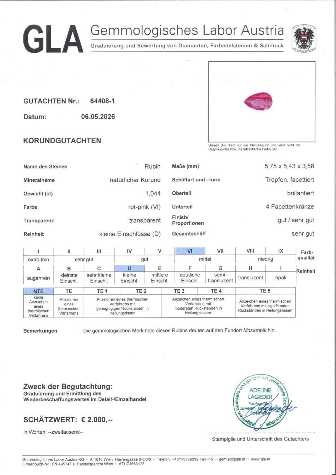 Gutachten zu Ruby pear pinkish red untreated 1.04 ct.