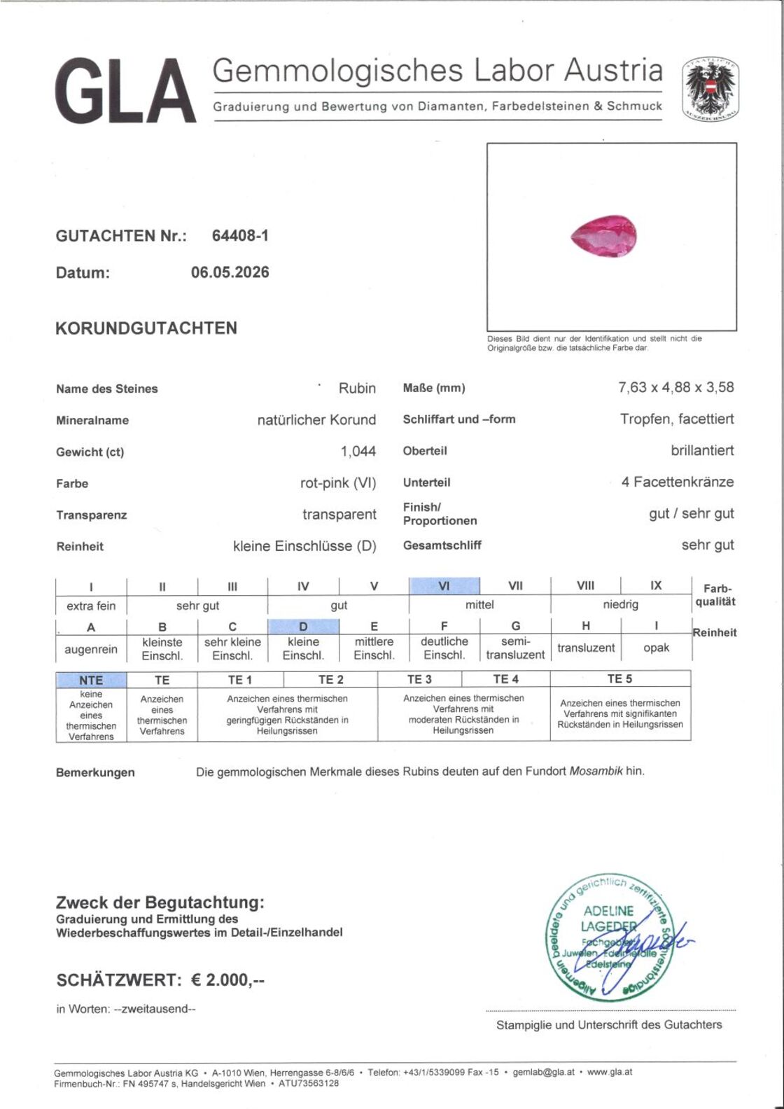 Gutachten zu Rubin Tropfen pink-rot unbehandelt 1,04 ct.