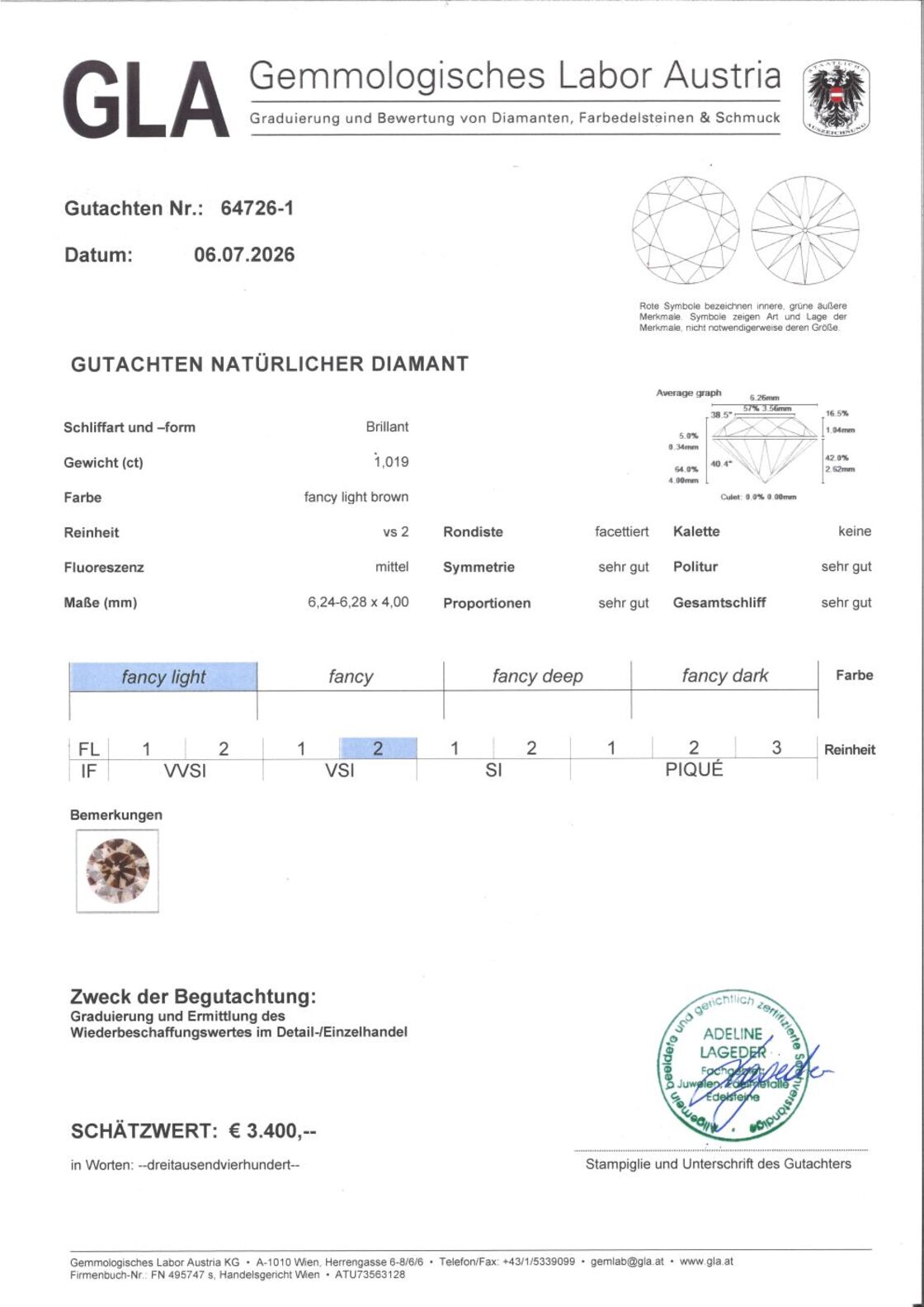 Gutachten zu fancy diamond round brilliant champagne  vs 1.01 ct.