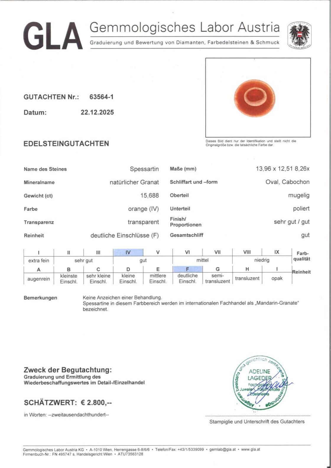 Gutachten zu Mandarin-Granat Cabochon oval orange 15,68 ct.