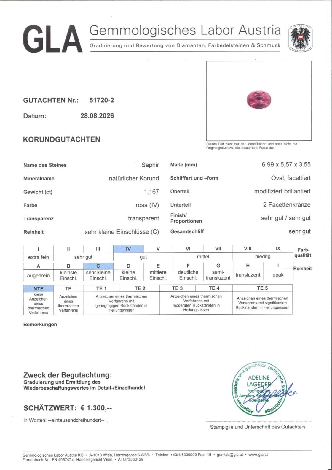 Gutachten zu Saphir oval rosa-pink unbehandelt 1,167 ct.