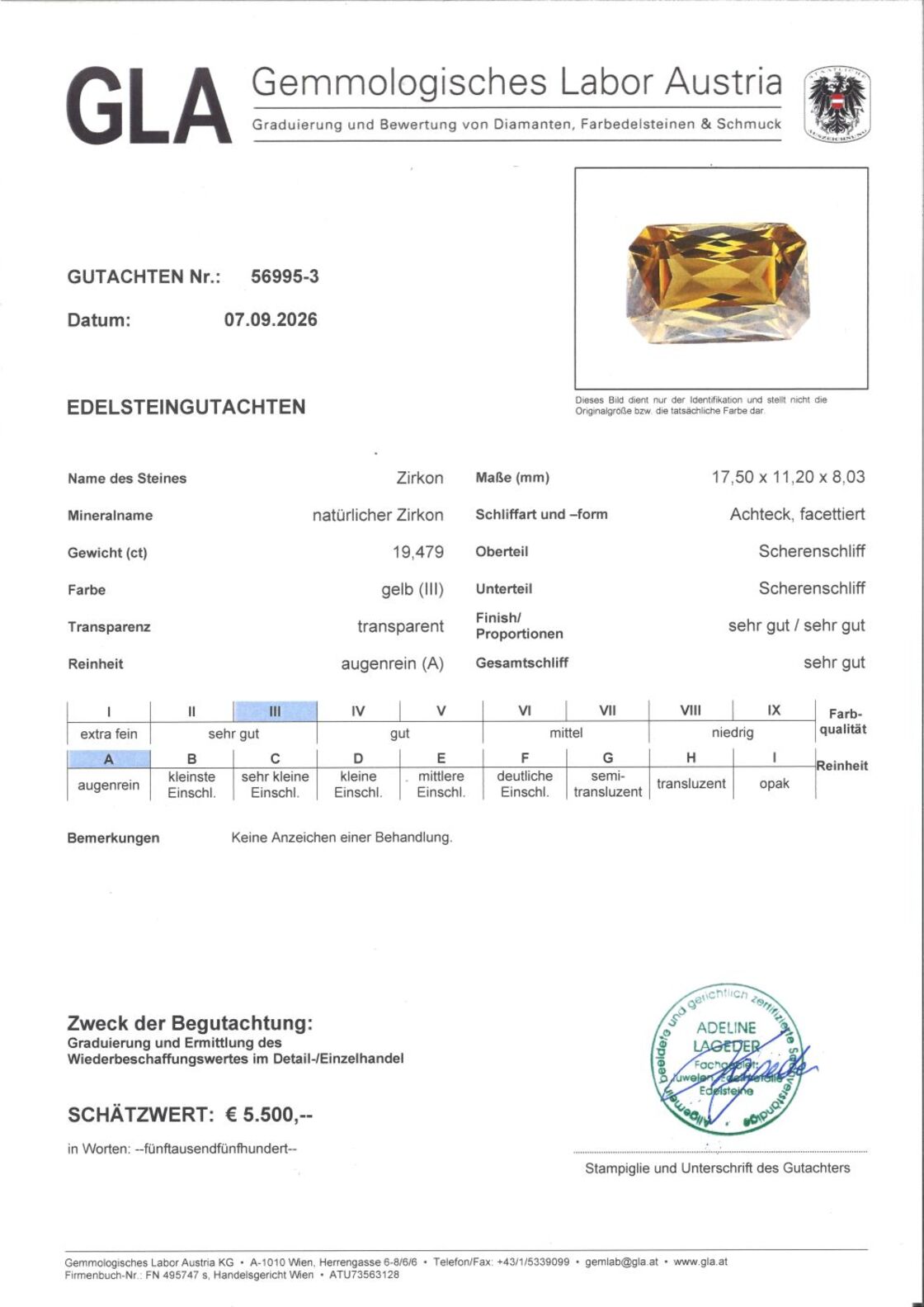 Gutachten zu Zirkon octagon gelb unbehandelt 19,47 ct