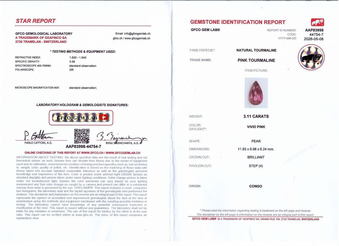 Gutachten zu Rubellit Turmalin Tropfen rosarot 3,11 ct.