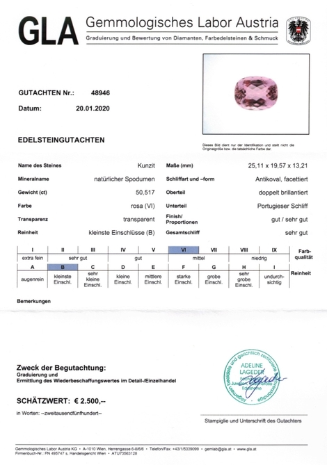 Gutachten zu Kunzite cushion 50.5 ct