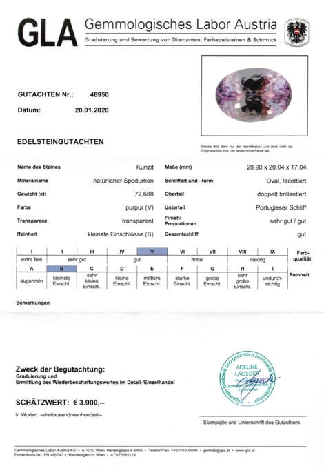 Gutachten zu Kunzit oval 72,68 ct