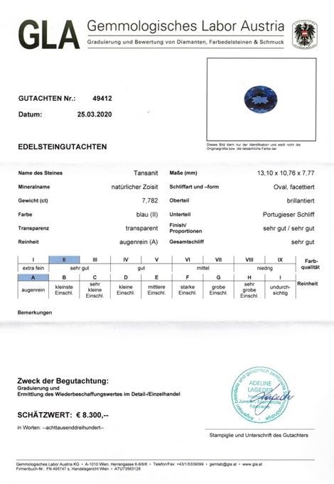 Gutachten zu Tansanit oval intensivblau 7,78 ct