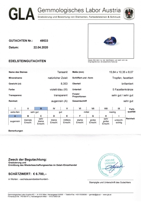 Gutachten zu Tansanit Tropfen violettblau 8,53 ct