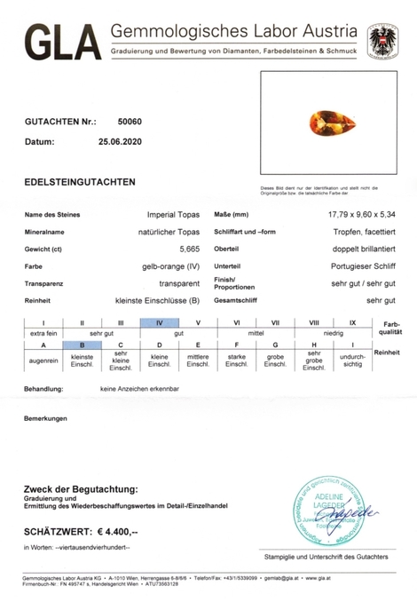 Gutachten zu Imperial-Topas Tropfen gelborange 5,66 ct