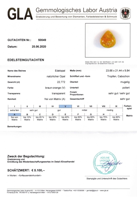 Gutachten zu Edelopal Cabochon Tropfen bräunlich-orange 22,77 ct