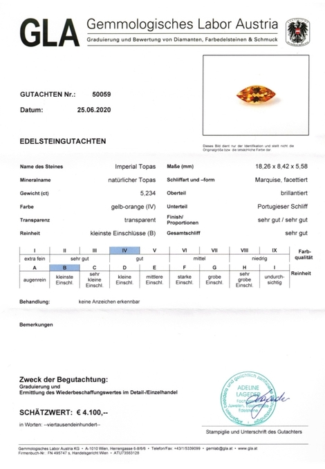 Gutachten zu Imperial-Topas marquise yellow orange 5.23 ct