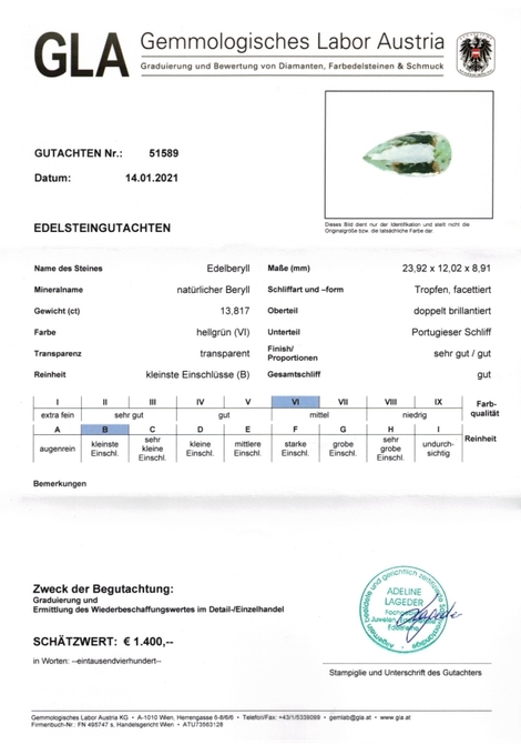 Gutachten zu Edelberyll Tropfen hellgrün 13,81 ct