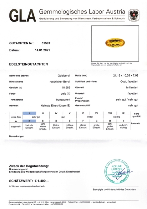 Gutachten zu Goldberyll oval intensives Goldgelb 10,98 ct