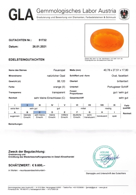 Gutachten zu Fire Opal oval orange 68.12 ct.