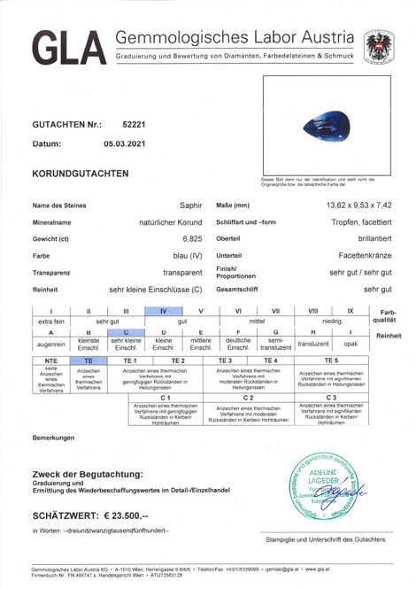 Gutachten zu Saphir Korund Tropfen blau 6,82 ct