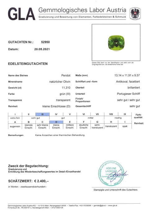 Gutachten zu Peridot cushion 11.31 ct