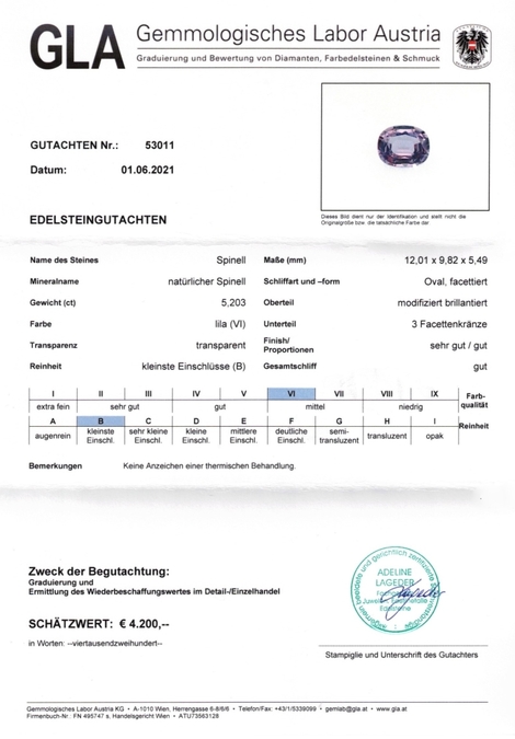 Gutachten zu Spinell oval lila unbehandelt 5,20 ct