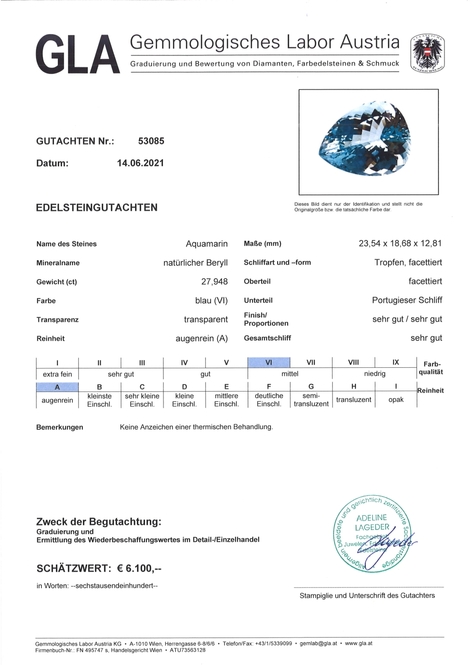 Gutachten zu Aquamarin Tropfen hellblau ungebrannt 27,94 ct