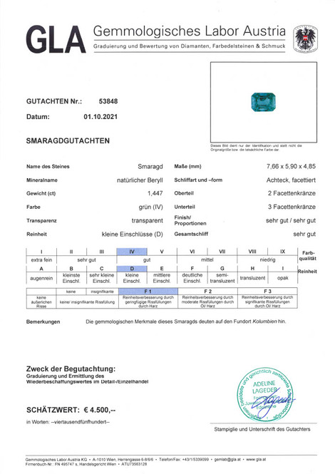 Gutachten zu Emerald octagon green 1.44 ct