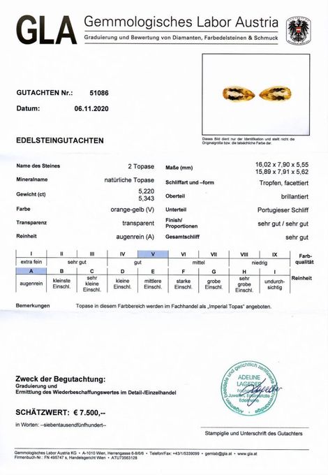 Gutachten zu Imperial-Topas Pair pear orange yellow 10.56 ct