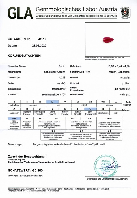 Gutachten zu Rubin Cabochon Tropfen rot 4,24 ct