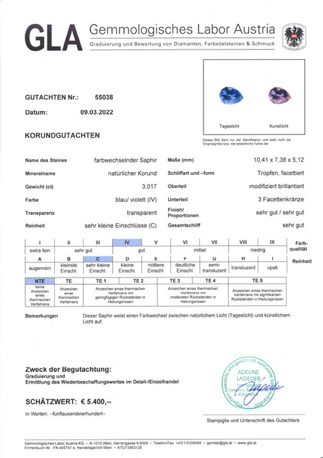 Gutachten zu Sapphire pear colour change bluish violet unheated 3.01 ct