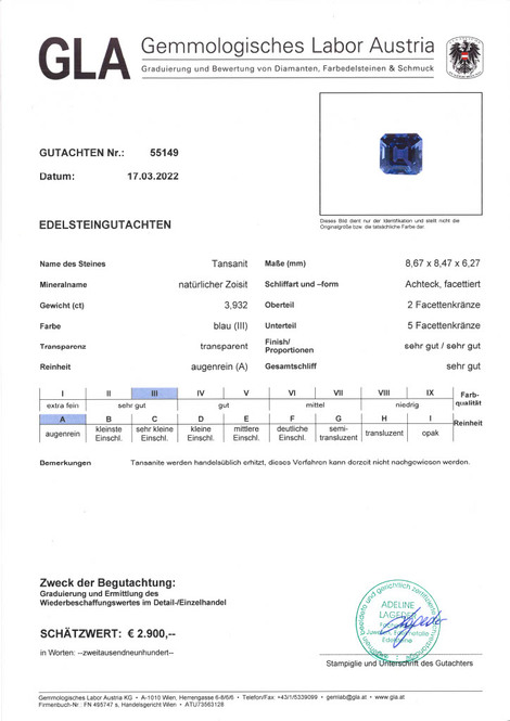 Gutachten zu Tansanit octagon intensives Blau 3,93 ct