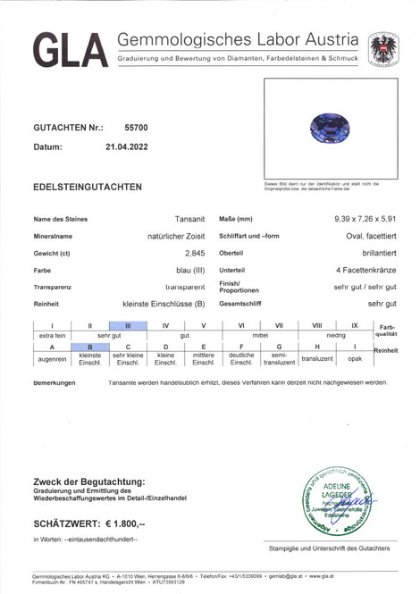 Gutachten zu Tansanit oval intensives Blau 2,84 ct