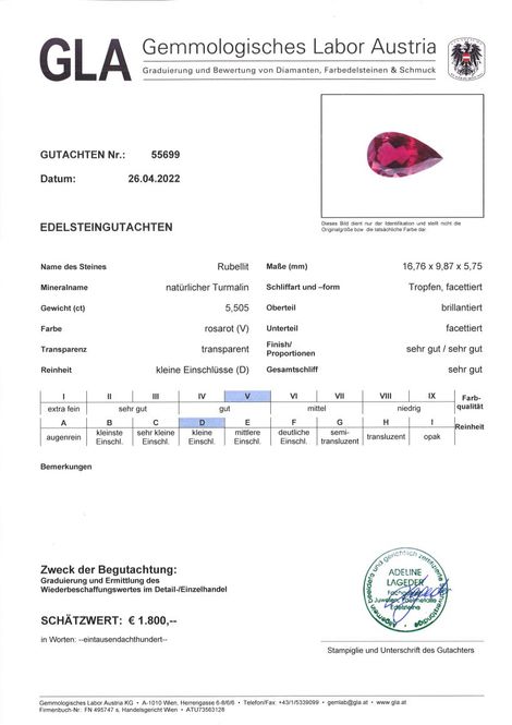 Gutachten zu Rubellit Turmalin Tropfen pink-rot 5,50 ct