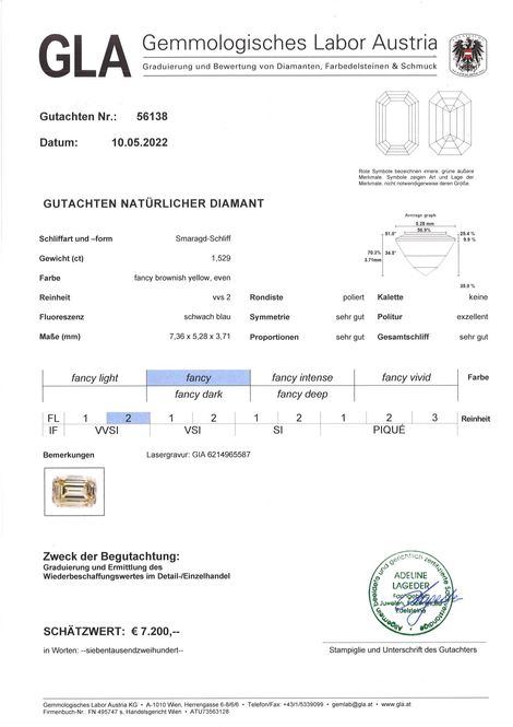 Gutachten zu Farbdiamant Achteck bräunlich gelb vvs2 1.53 ct